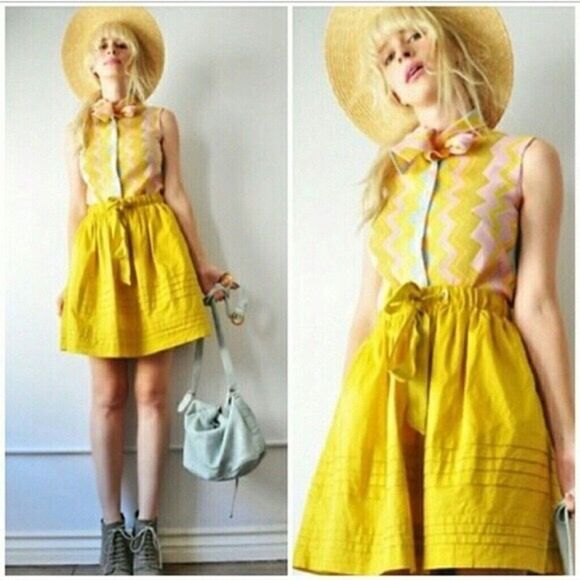 Anthropologie Odille Drawing Parallels Pleated Ribbon Tie Skirt Marigold Yellow - Picture 3 of 10